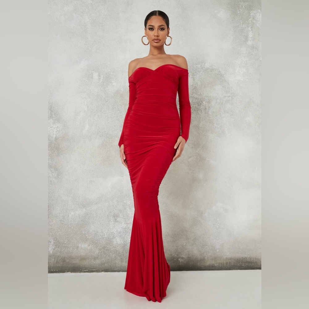 Missguided red off the shoulder long sleeve fishtail gown dress size 04